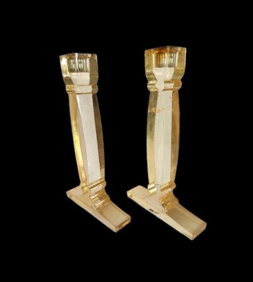 Vintage MCM Taper Candleholders Clear Amber Lucite Mid Century 10"